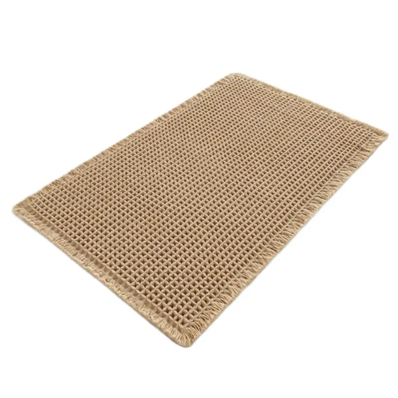 Checkered pattern non-slip absorbent bathroom floor carpet in polyester, shown in multiple colour options.