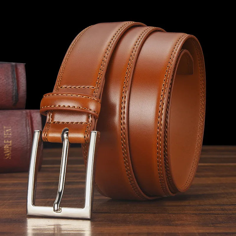 Men's genuine leather belt with alloy pin buckle in classic black colour