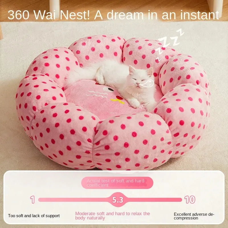 Pink dot fabric princess-style cat bed cushion shown in two sizes for small and medium cats.