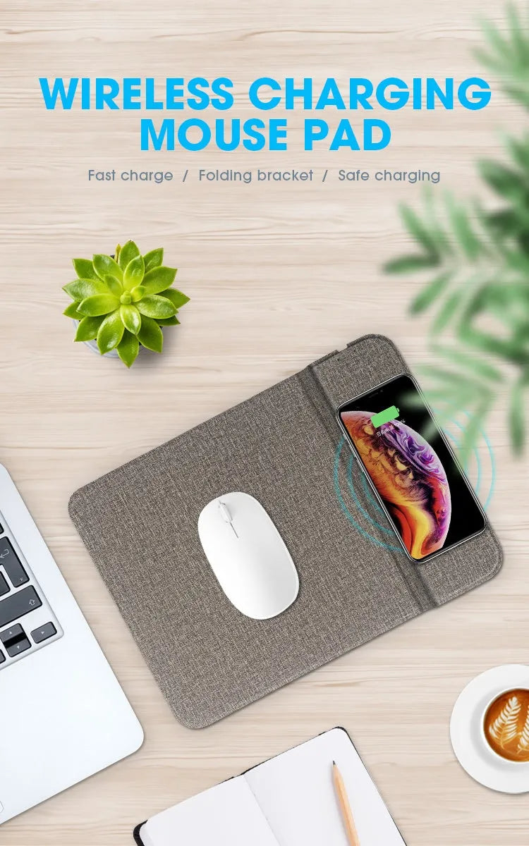 Foldable cloth wireless charging phone holder showing smartphone in charging position at adjustable angle