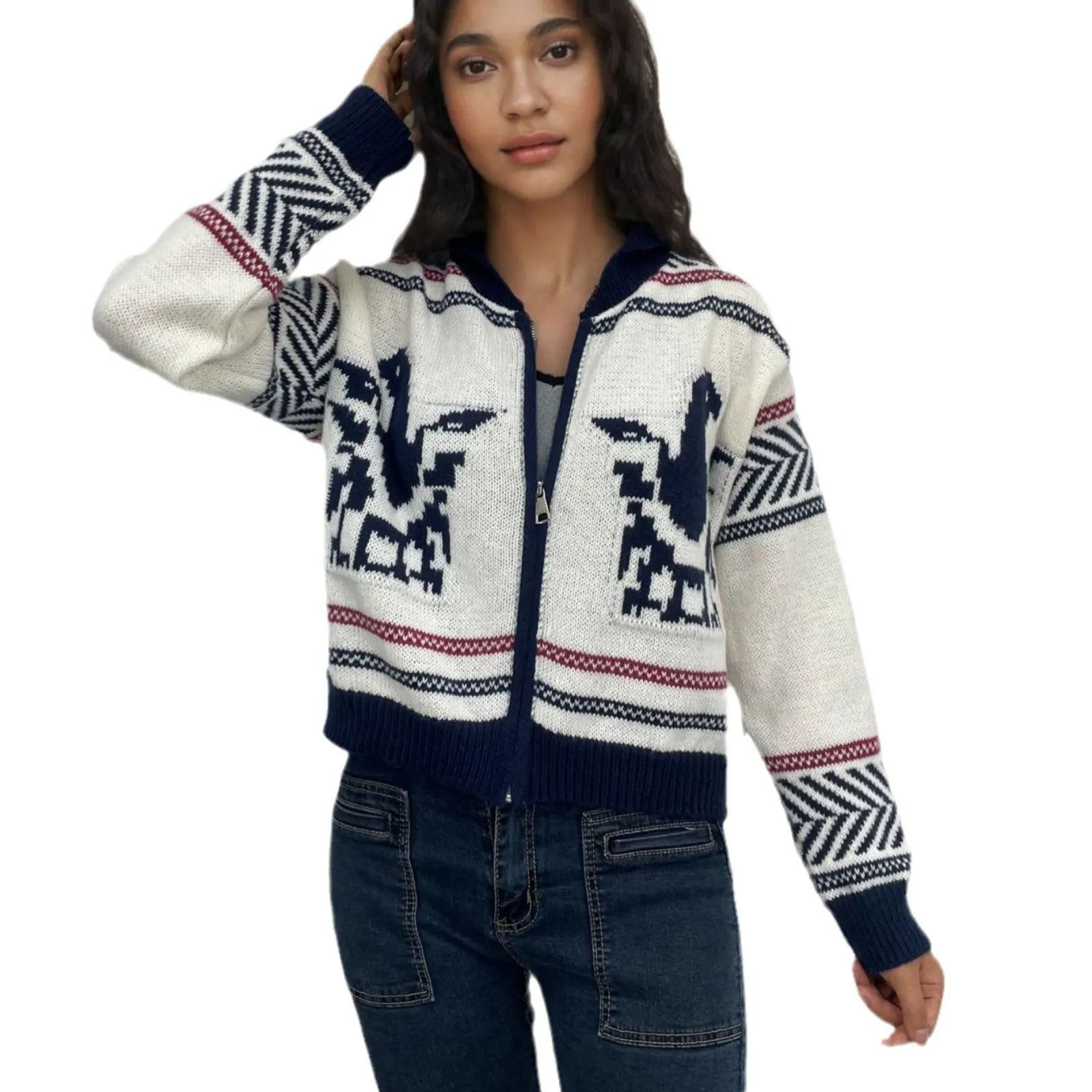 White women's zip-up cardigan with jacquard stripe pattern and lapel collar