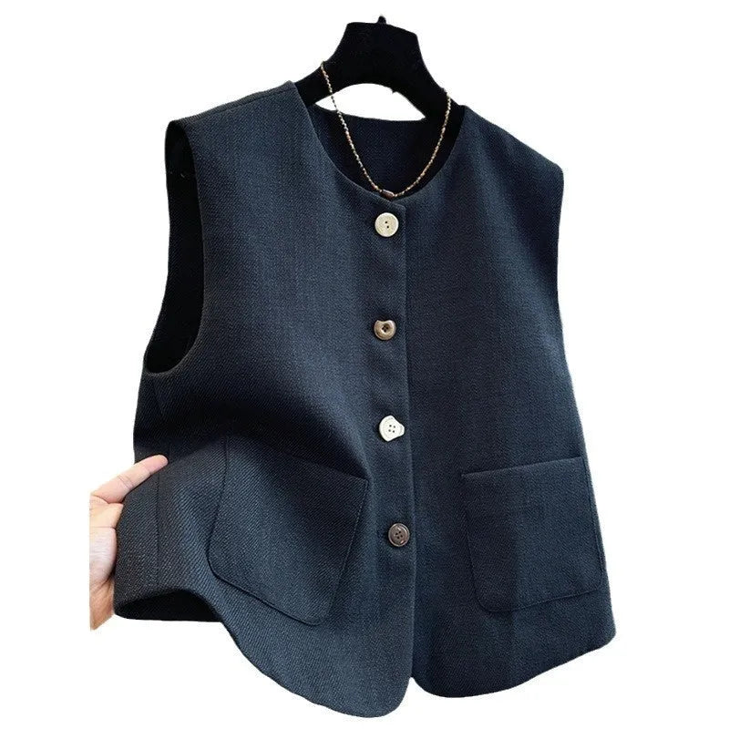 Women's milky white French style bandage vest with round neck, sleeveless design