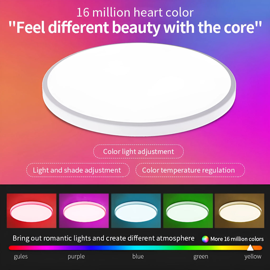 Intelligent RGBCW Bluetooth ceiling lamp in black or white with app control for colour and dimming.