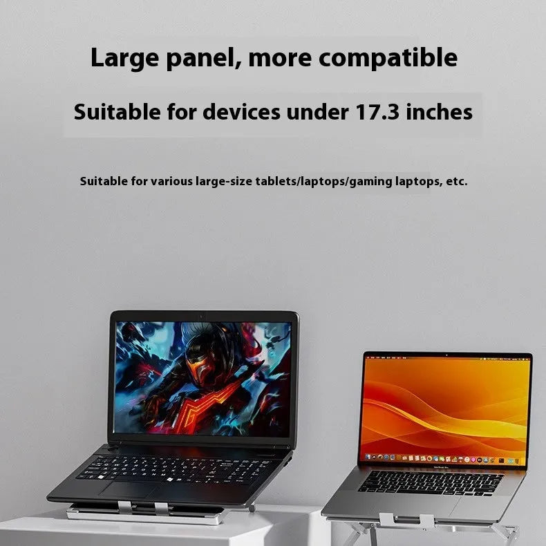 Aluminium alloy folding laptop cooling rack in silver, shown open with a notebook placed on top.