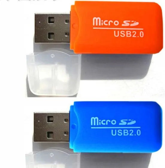 Mini USB TF and SD card reader with transfer adapter on a white background.