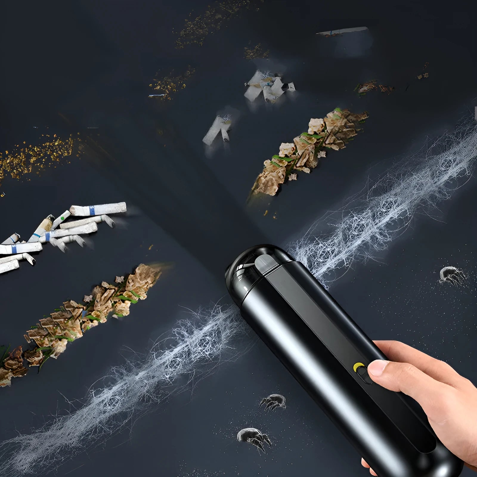 BASEUS wireless handheld car vacuum cleaner in black, white, or green, showing compact size and blowing hose attachment.