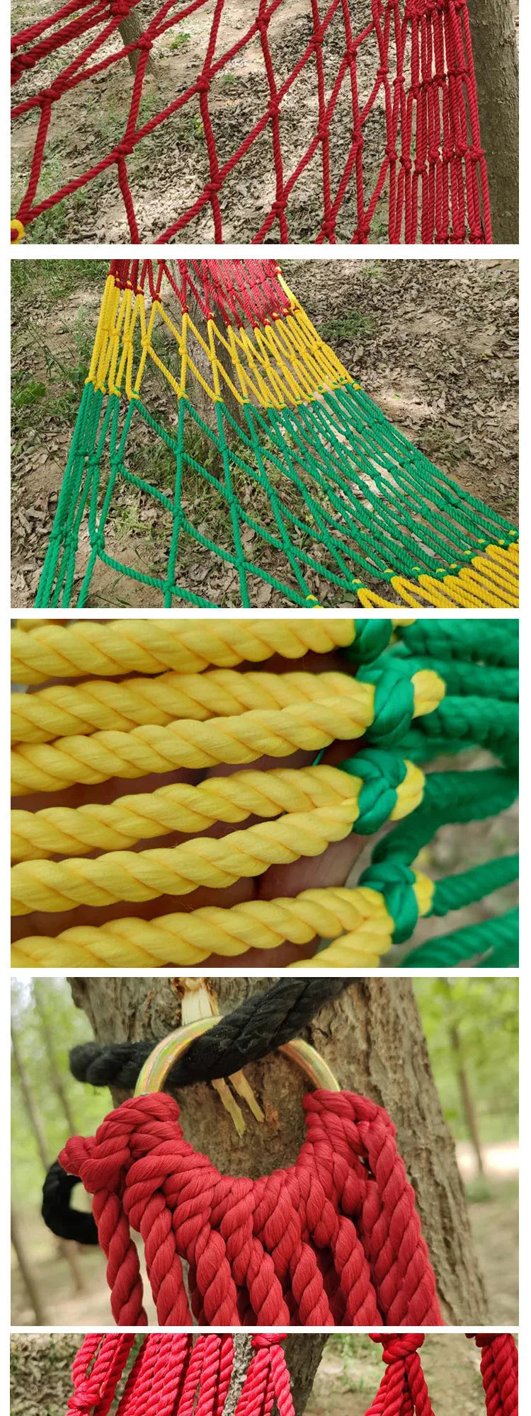 Green nylon rope mesh hammock hung between two trees showing its woven texture and length.