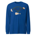 Blue men's loose fit polyester sweater with printed letter patterns and round neck design