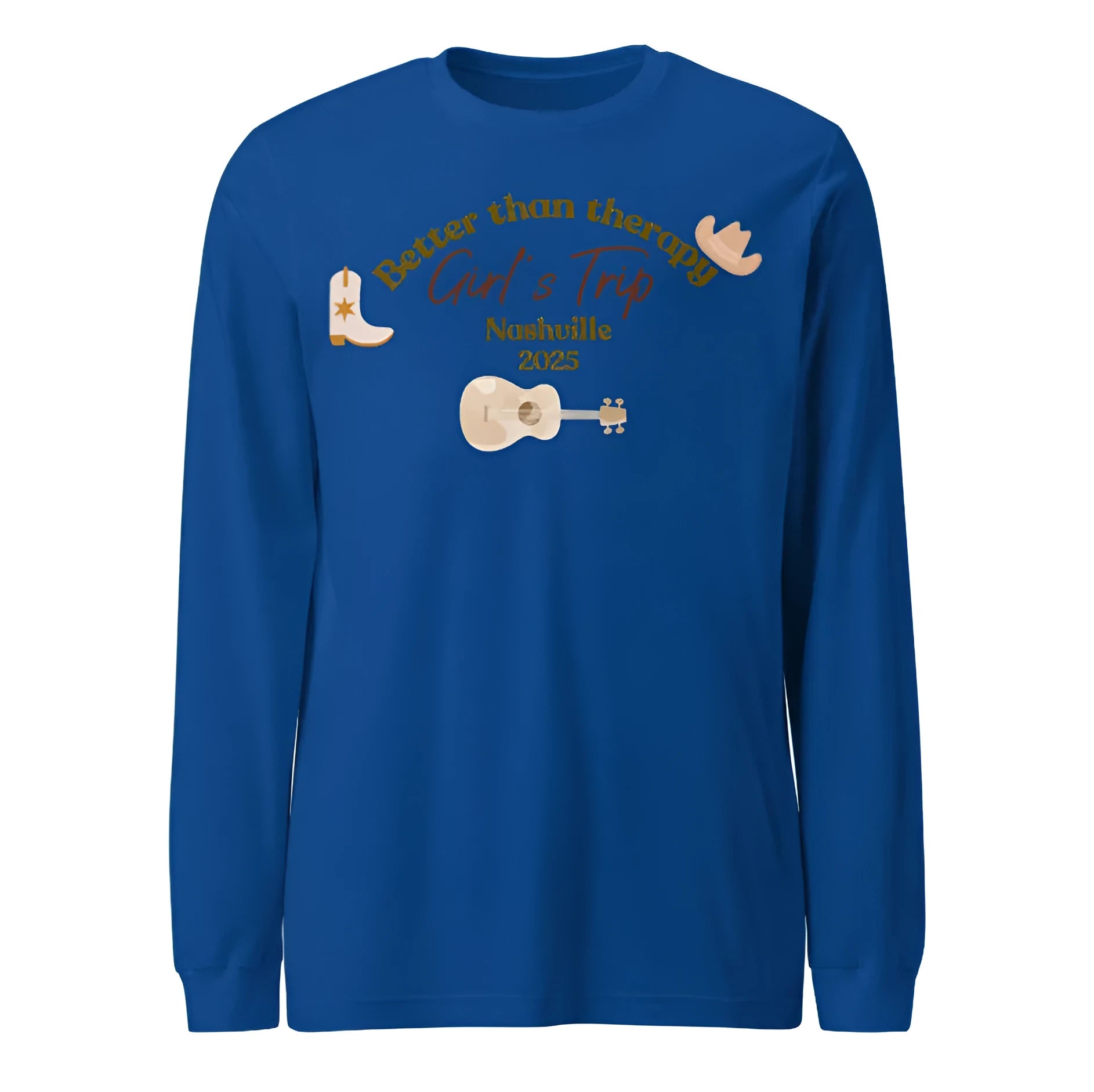 Blue men's loose fit polyester sweater with printed letter patterns and round neck design
