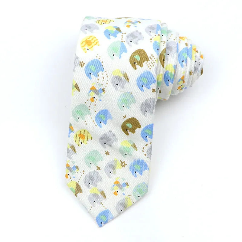 Narrow Korean-style cotton bow tie featuring a colourful cartoon print pattern.