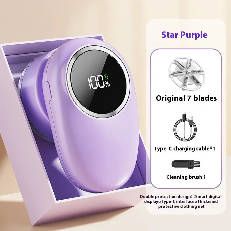 Beige and purple digital display fur ball trimmer with multiple cutter heads and USB-C cable