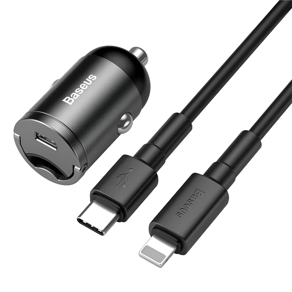 Grey Baseus 30W single USB car charger with 1 metre cable on a car dashboard
