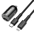 Grey Baseus 30W single USB car charger with 1 metre cable on a car dashboard
