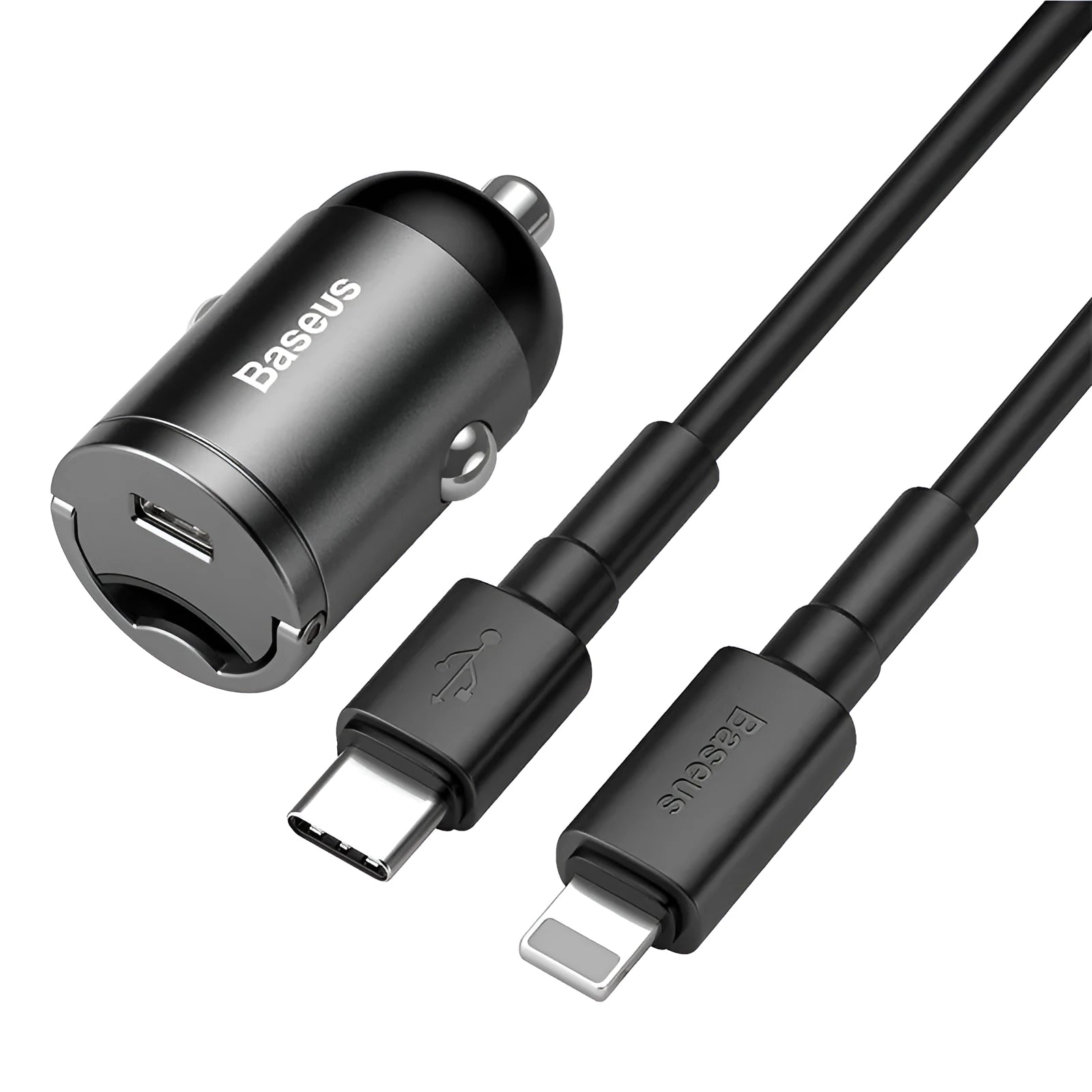 Grey Baseus 30W single USB car charger with 1 metre cable on a car dashboard