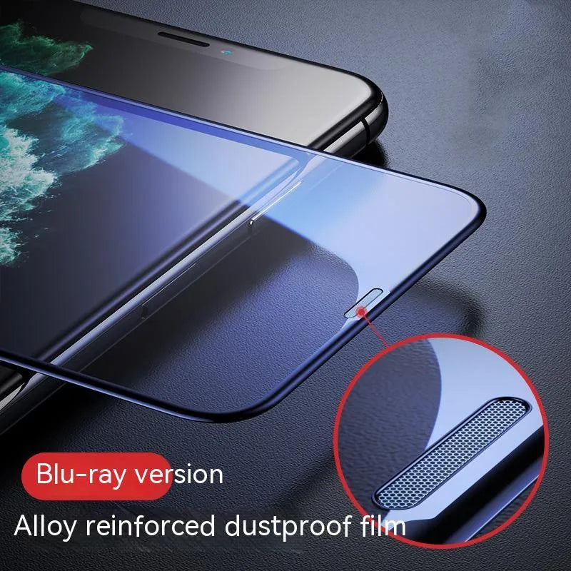 iPhone tempered glass privacy screen protector showing anti-peep, blue light, and dustproof variants