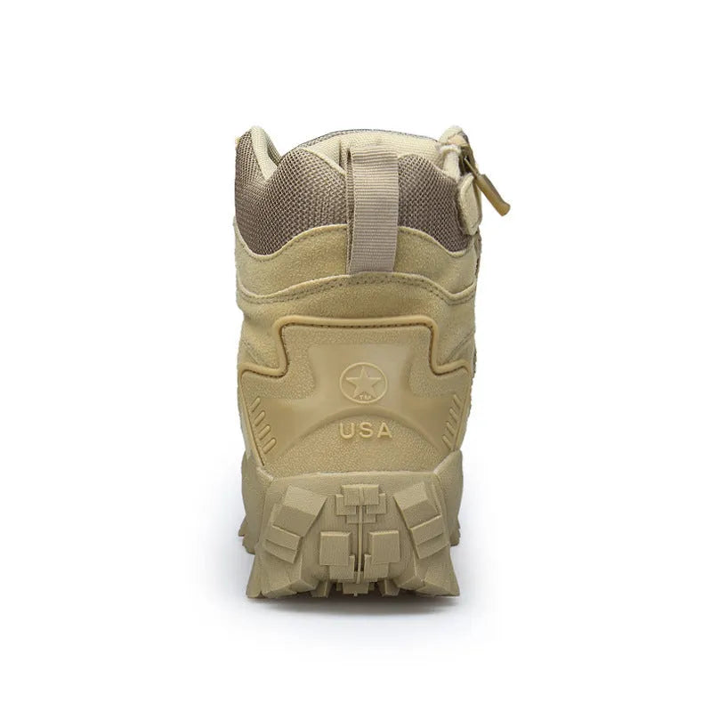 Men's black US Army Delta Tactical Boots with rubber sole shown on a rocky outdoor path.
