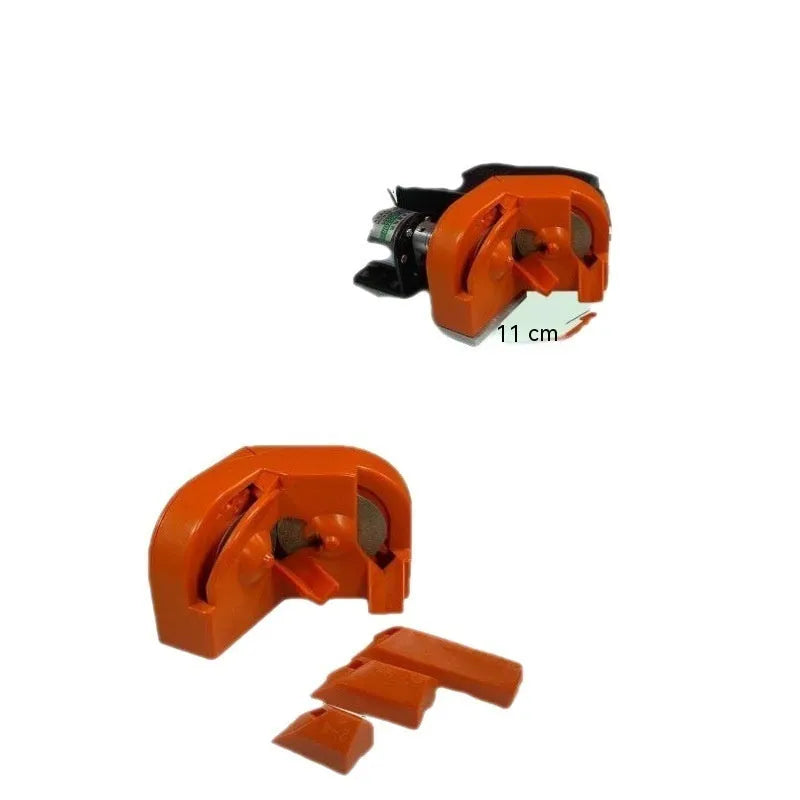 Portable grinding drill tool with orange and black irregular-shaped sander grinding wheels