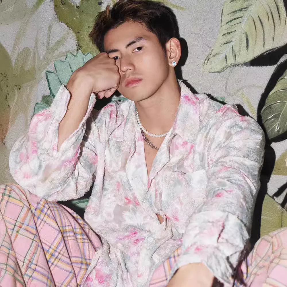 American three-dimensional floral pattern long sleeve shirt in chemical fibre blend polyester with loose fit design