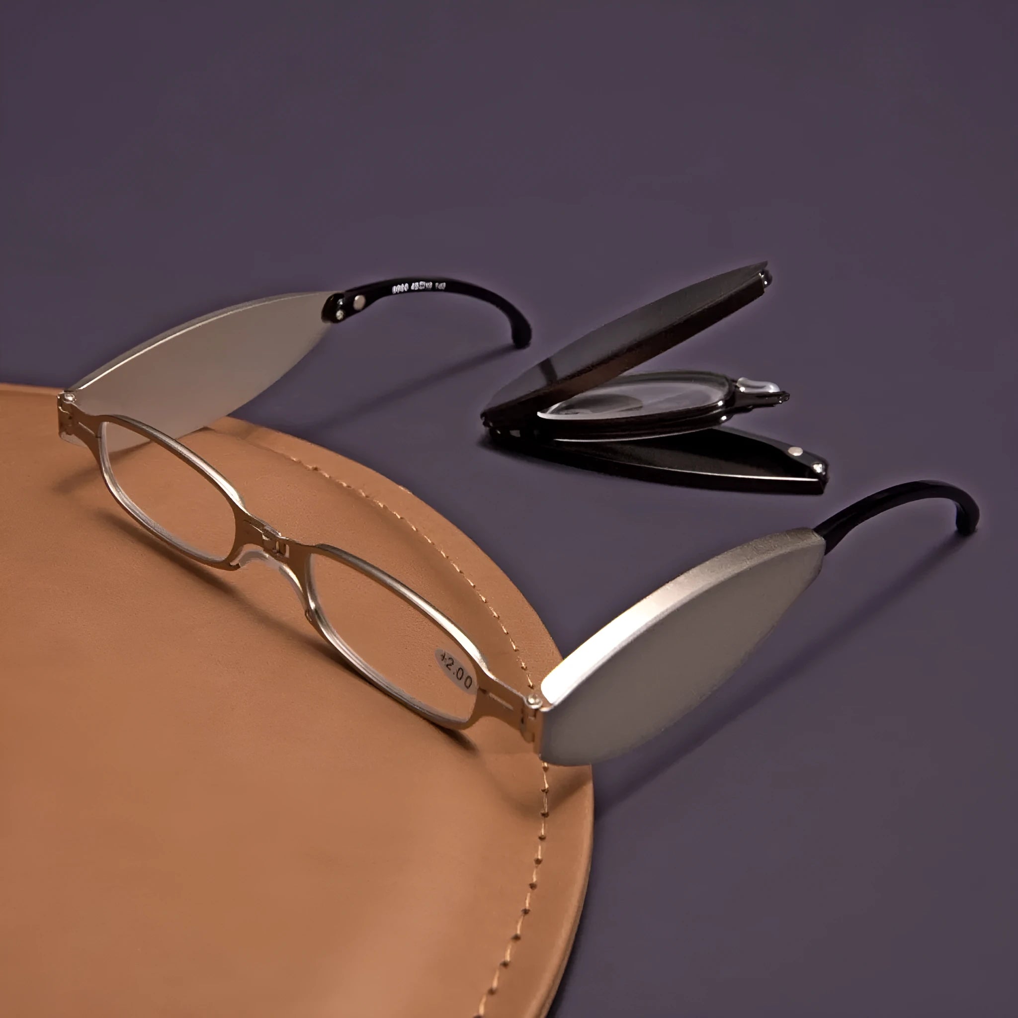 Black and Silver folding presbyopic glasses for men showing retro ring style and compact folded size.