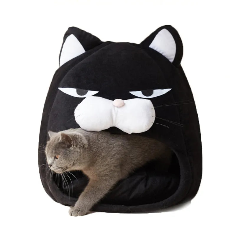 Black plush cat house bed with waterproof nylon base, removable washable cover, cube shape, 48cm and 38cm sizes