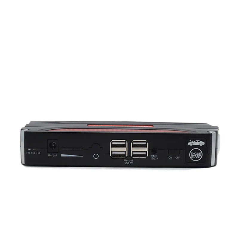 Black and red 12V vehicle emergency jump starter power supply unit on a white background.