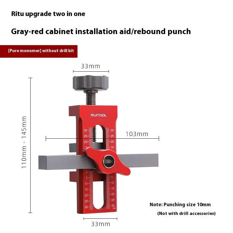 Aluminium alloy cabinet door installation aid tool for woodworking with 10mm drill hole fit.