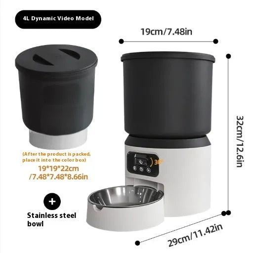 White 4-litre smart pet feeder with digital display and stainless steel bowl on a wooden floor.