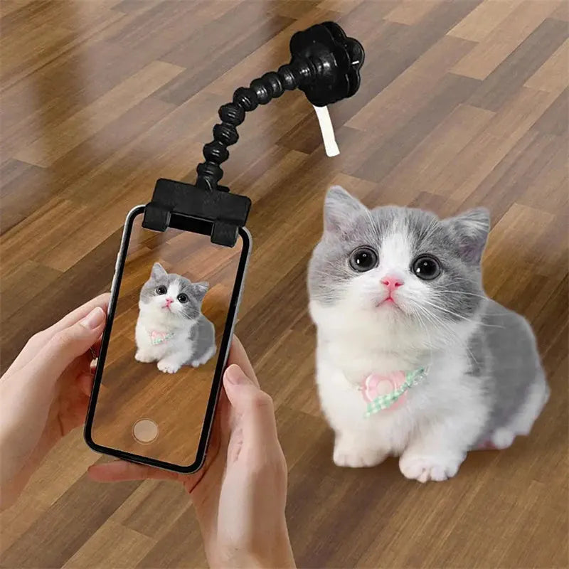 Black pet photography phone holder with treat clip for dog and cat photography sessions