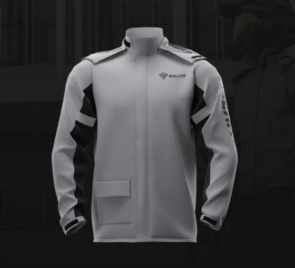 Motorcycle rain suit set showing raincoat, rain trousers, hidden shoe covers, and storage bag in available colours.