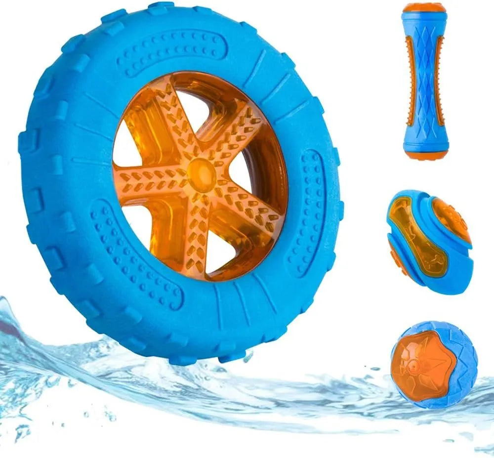 Set of three TPR dog toys: a floating ball, barbell and tyres with bumpy textures for squeaky fetch play.
