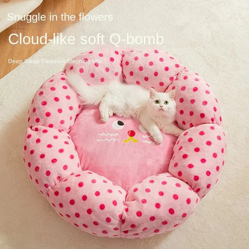 Pink dot fabric princess-style cat bed cushion shown in two sizes for small and medium cats.