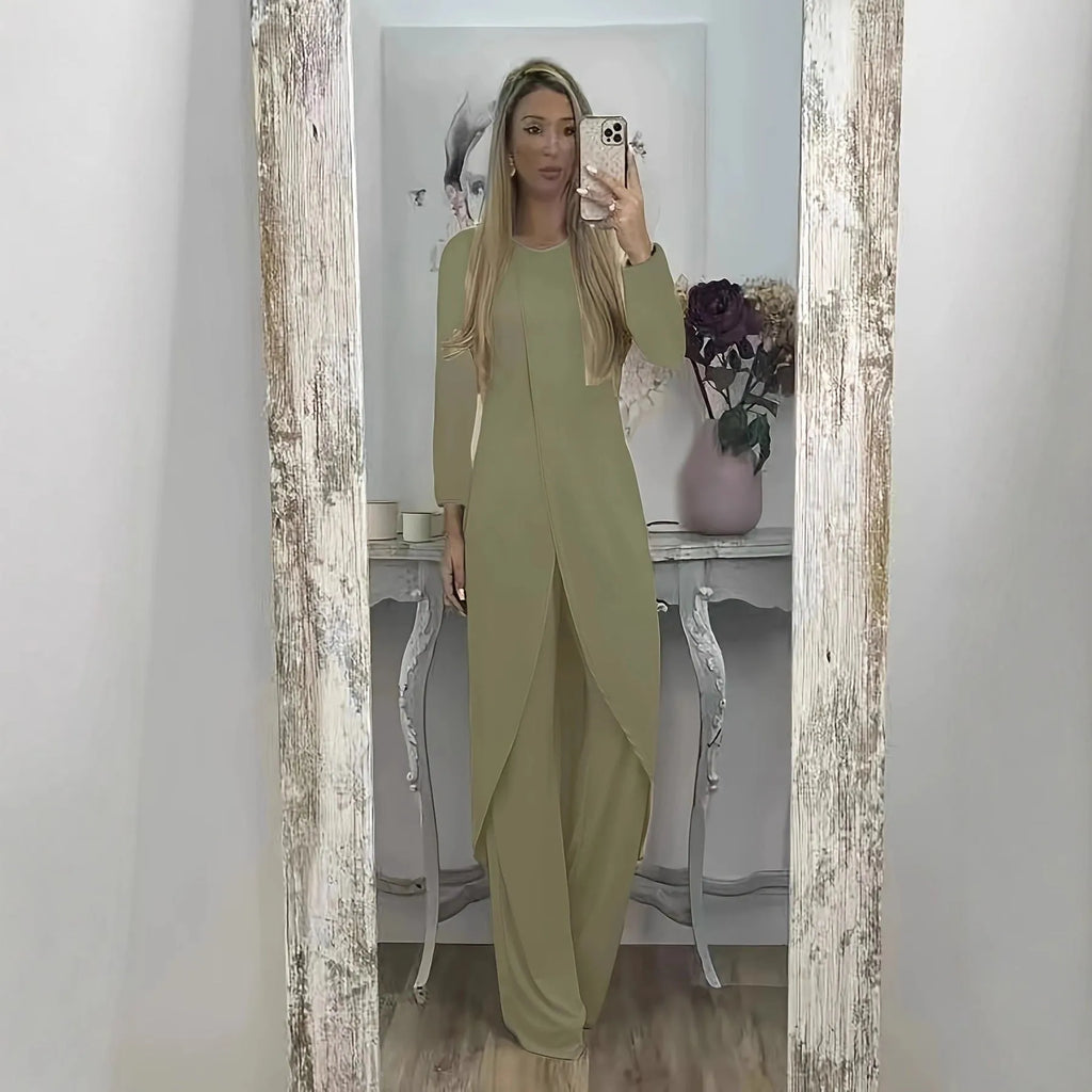 Casual long sleeve polyester two-piece set in khaki, showing loose round neck top and full-length trousers.
