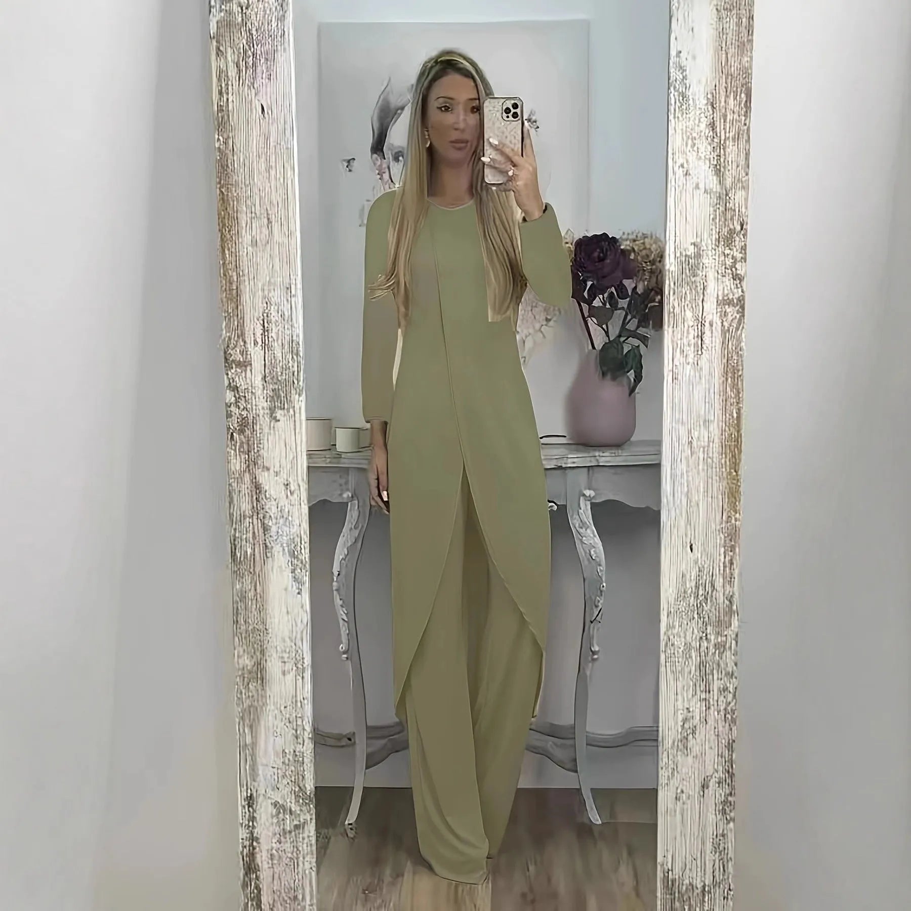 Casual long sleeve polyester two-piece set in khaki, showing loose round neck top and full-length trousers.