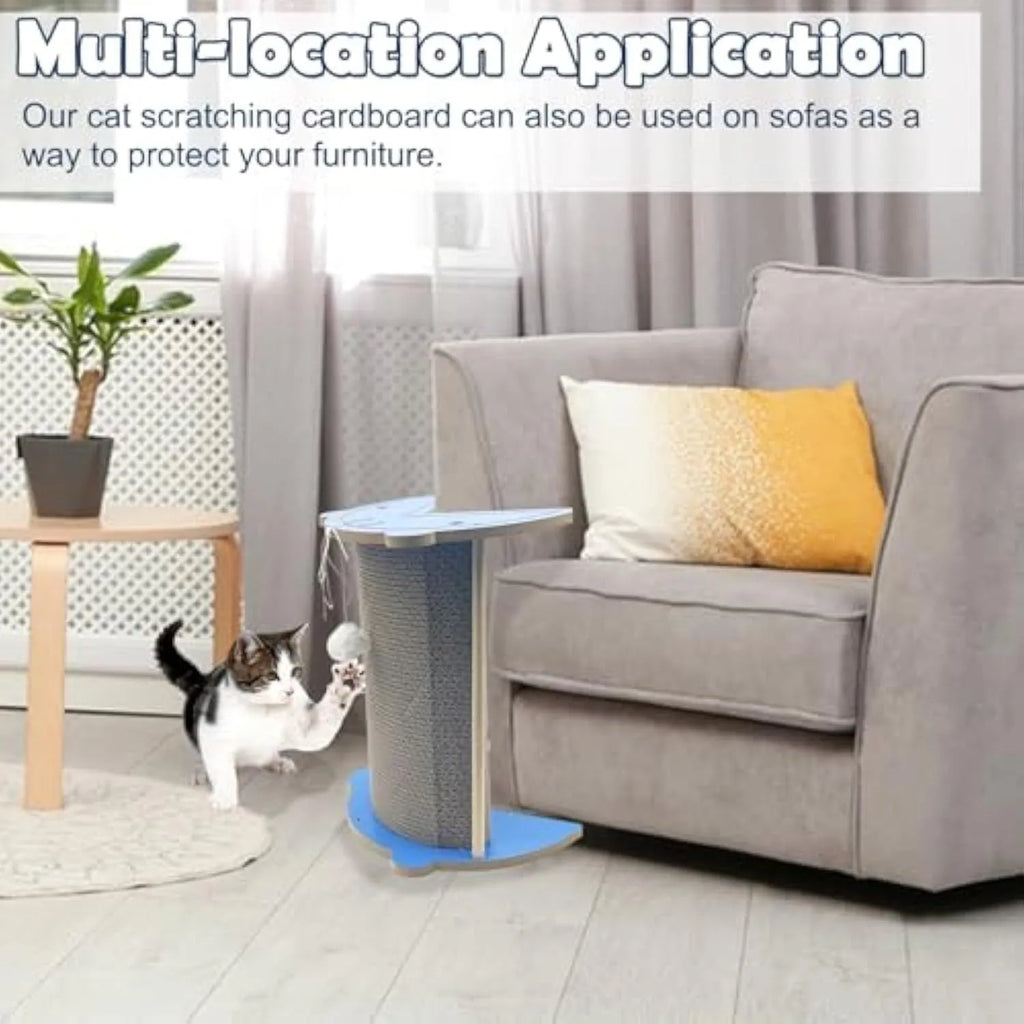 Grey cardboard cat corner scratcher with hanging ball against a wall