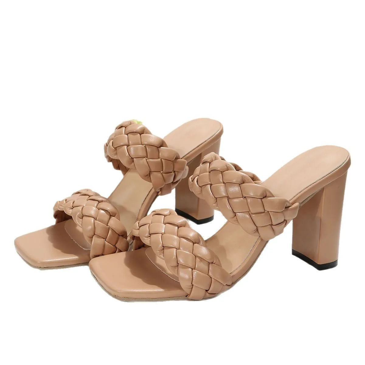Square toe flip-flops with chunky heel and woven twisted upper in apricot or white