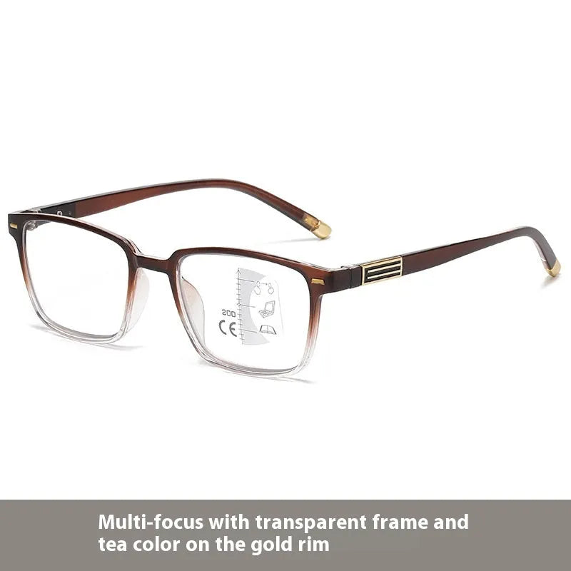 Anti blue light multifocal reading glasses with photochromic colour changing lenses in various frame styles