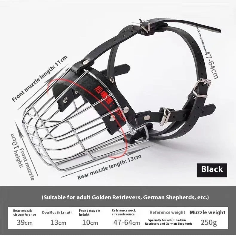 Black metal basket muzzle designed for a Golden Retriever or German Shepherd dog.