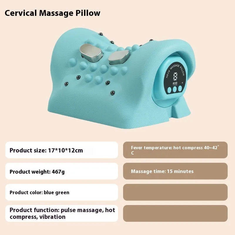 Blue-green portable cervical massage pillow with EMS and hot compress functions