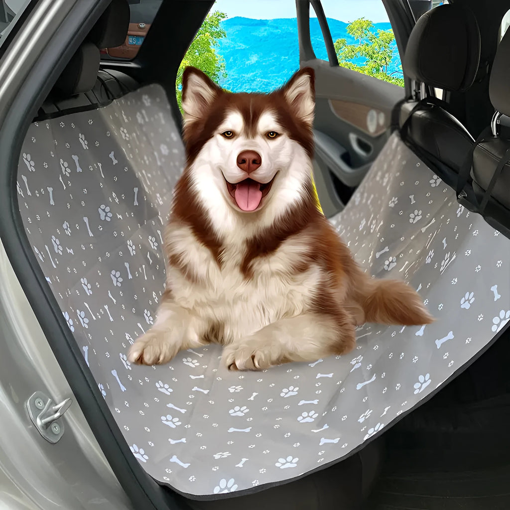 Dog car seat protection mat covering rear vehicle seat with water and dirt resistant cloth material