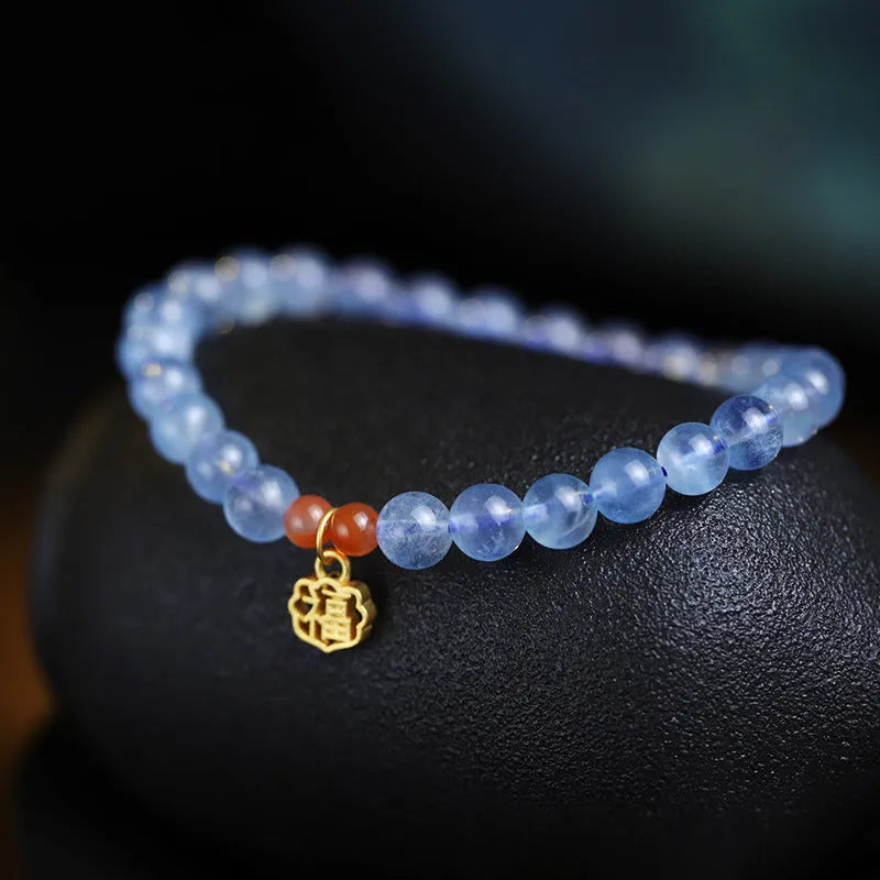 Natural aquamarine crystal bracelet with 8mm round transparent beads and blessing card