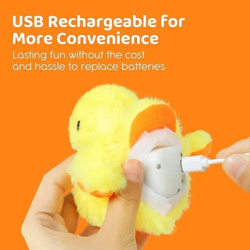 Yellow chick-shaped flapping duck cat toy with plush fabric on a floor.