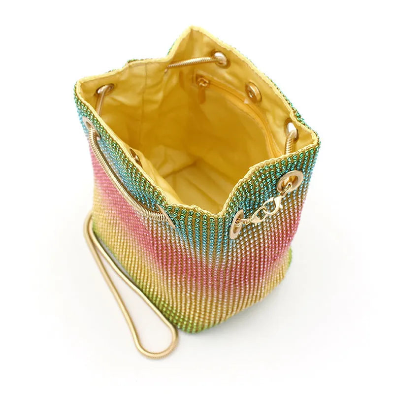Rainbow rhinestone bucket handbag with glittering crystal surface