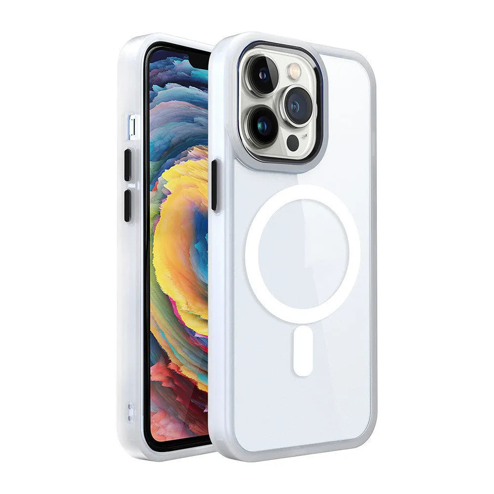 Transparent magnetic silicone phone case for iPhone showing compatibility with car mount and available in multiple colours