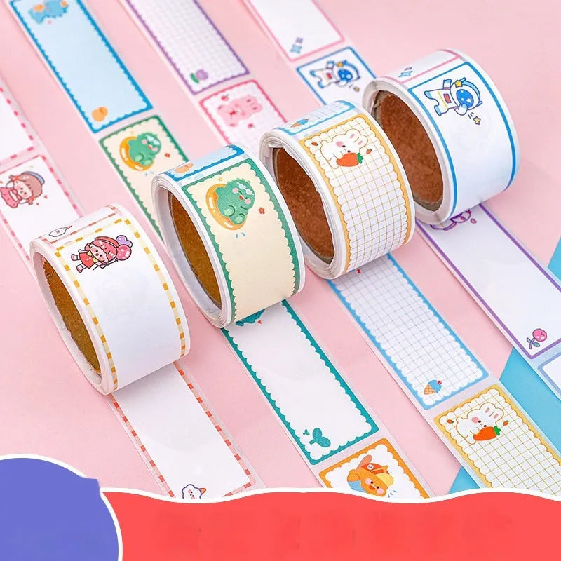 Roll of colourful cartoon message index stickers showing dinosaur, astronaut, rabbit, and girl designs.