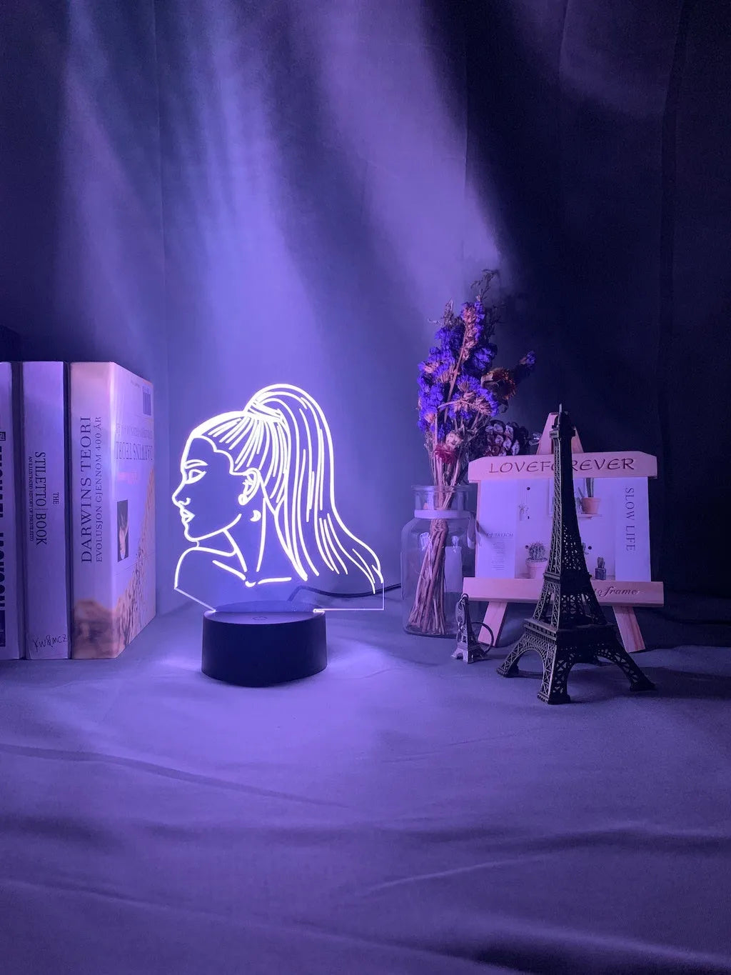 Acrylic 3D night light with European design showing dimensional lighting effects and colourful black base
