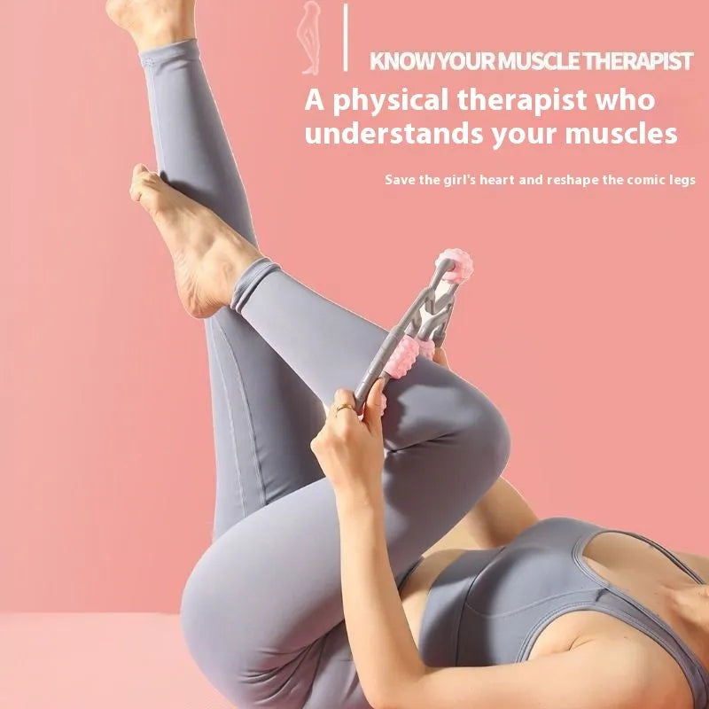 Handheld leg massage roller with ring clip showing 12 wheel configuration in macaron pink colour