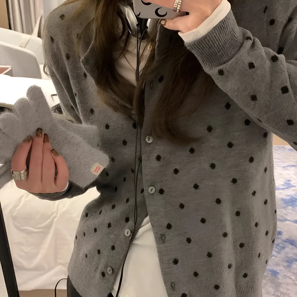 Women's Korean-style gray dot knitted cardigan with crocheted flower detail in black or gray colour