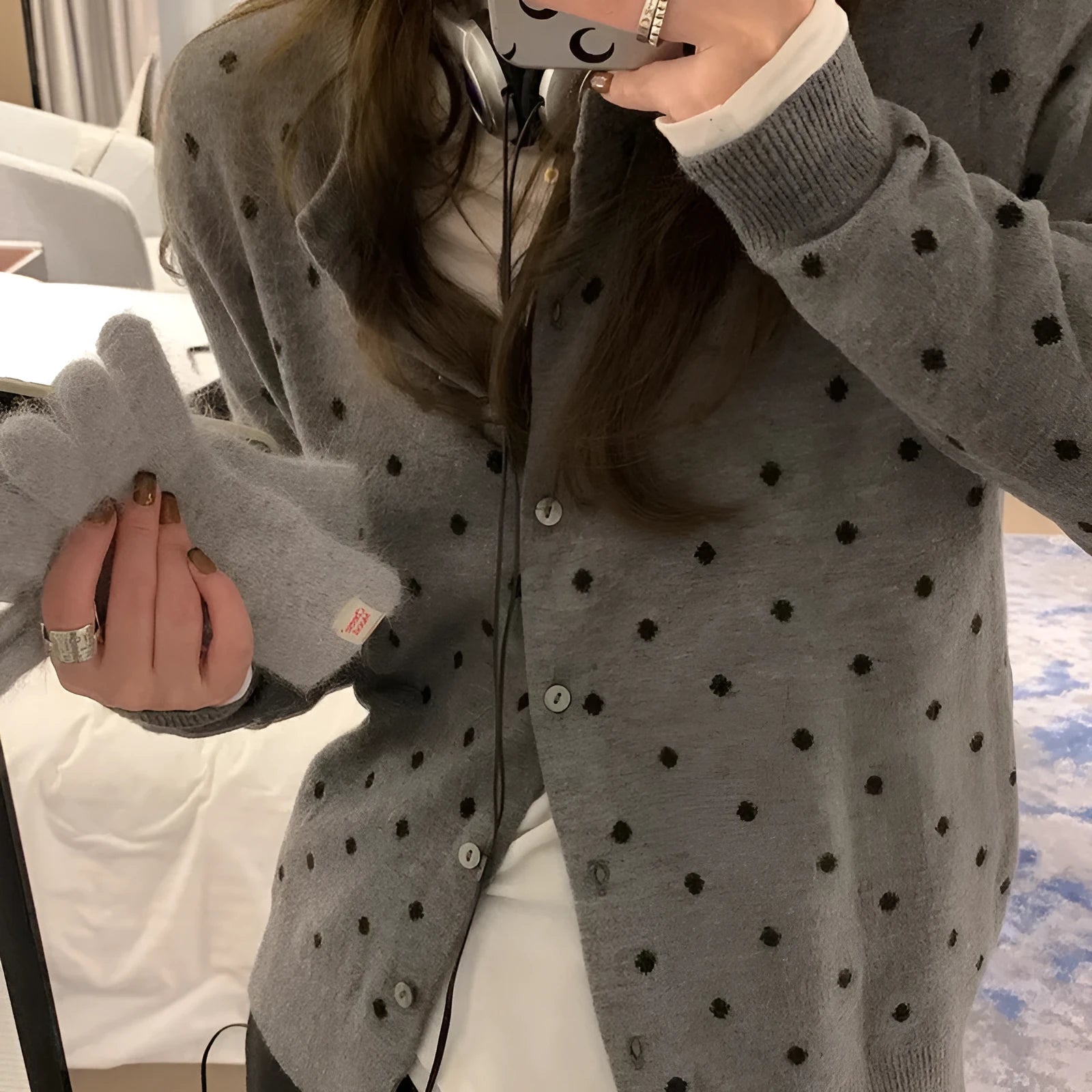 Women's Korean-style gray dot knitted cardigan with crocheted flower detail in black or gray colour