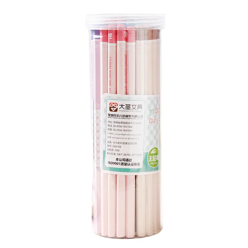 Pack of 50 HB basswood hexagonal pencils in a barrel container