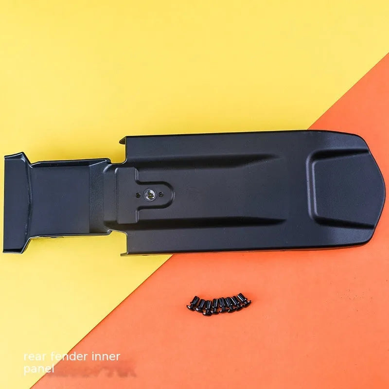 Carbon fibre lengthened rear mudguard and inner fender plate for an electric off-road bicycle.